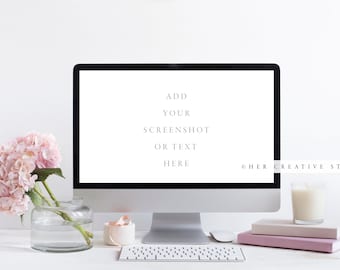 Styled Desktop Mockup: Pink Hydrangea, Computer (Digital Image)