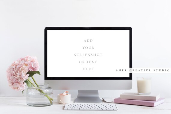 Styled Desktop Mockup: Pink Hydrangea, Computer (Digital Image)