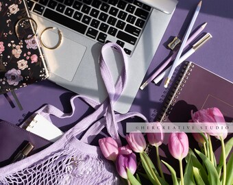 Portrait Styled Stock Photo, Workspace Stock Image, Tulips and Book Stock Photo, Digital Image, Stock Photo, Purple Stock Photo