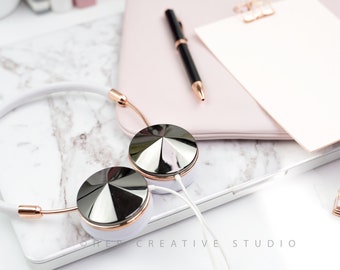 Headphones Flatlay Stock Photo: Desk Accessories Digital Image