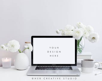 Ranunculus & Laptop Styled Stock Photo: Feminine Mockup (Digital Image)