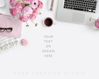 Styled Stock Photography. Laptop with Pink and Neutral Feminine Desk Accessories . Styled Desktop. Flatlay. Digitial Image.