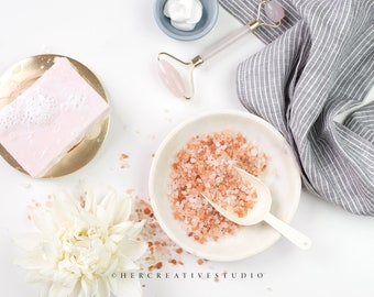 Styled Stock Photography | Flatlay | Dahlia, Soap and Spa Inspired Accessories 2 | Styled Photography | Digital Image