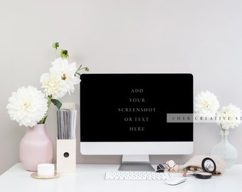 Styled Stock Photography | Styled Mockup | Dahlias, Makeup and Computer Mockup 2 | Beauty Styled Photography | Digital Image