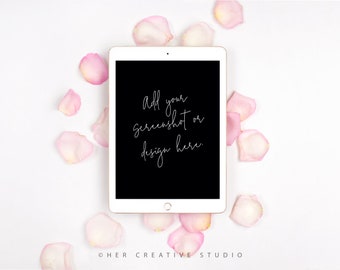 Styled Stock Images | Portrait  iPad Mockup | Rose Petals with iPad on White Background  | Styled Photography | Digital Image