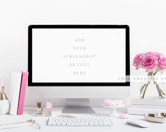 Pink Roses Desk Mockup: Styled Stock Photography (Digital Image)