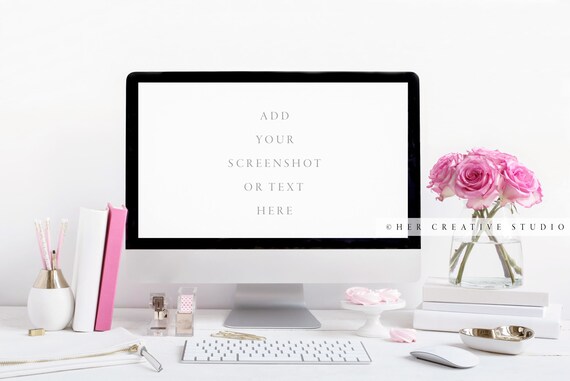 Pink Roses Desk Mockup: Styled Stock Photography (Digital Image)