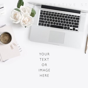 Laptop Mockup Photo: White Roses, Pistachio Desk (Digital Image)