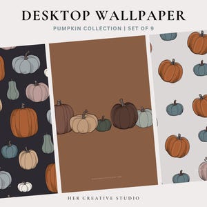 Pode incluir: Um conjunto de nove papéis de parede digitais para desktop com vários designs de abóboras. Os papéis de parede têm um tema outonal com abóboras de diferentes cores em uma variedade de fundos.