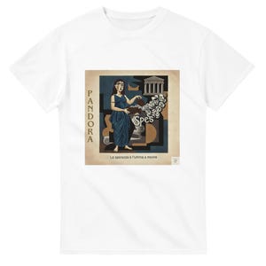 Può includere: T-shirt bianca con grafica di donna in abito blu, testo "Pandora" a sinistra e "Spes" a destra. L'immagine include il testo "La speranza è l'ultima a morire".