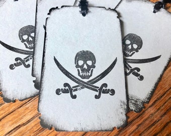 Pirate Skull and Swords Set of 5 Handmade Handstamped Tags with black ribbon