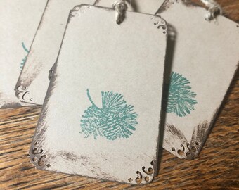 Pine Cone Gift Tags, Set of 5 Handstamped on Kraft Paper with Twine to tie onto Christmas presents, holiday or corporate gifts