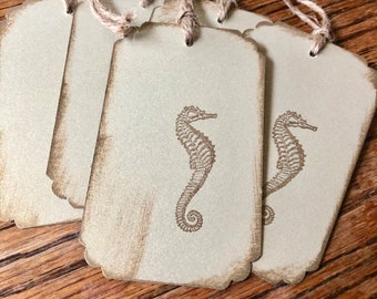 Seahorse Handstamped Gift Tags, set of 5, perfect for stocking stuffers or gifts, tie onto gift baskets or wine bottles
