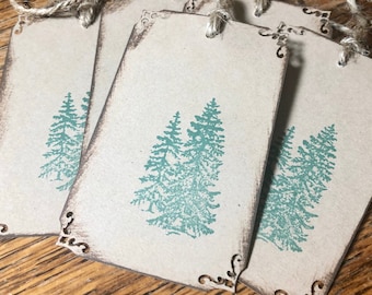 Pine Tree Gift Tags, Set of 5 Handstamped on Kraft Paper, twine to tie onto Christmas or holiday presents, perfect for gift baskets