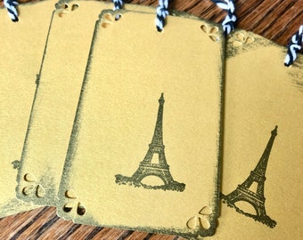 Eiffel Tower Gift Tags, set of 5 handstamped in black ink on bright gold metallic paper, perfect for name tags or wine bottle gifts