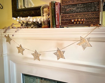 Star Garland with dictionary collage, perfect for academia holiday decor, cabins, bookish gift, Country Christmas display, trees and mantles