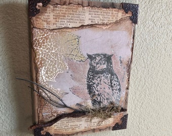 Halloween Wall Art, handmade collage with foiled leaf, spooky owl,dark academia book page style background, with real twigs and moss