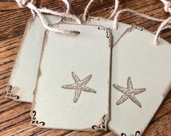 Starfish Set of 5 Stamped Gift Tags with twine loop, perfect for wine bottles or Christmas gift wrapping, seashore themed name tags