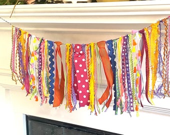 Colorful Ribbon Swag Garland: Handmade Party Decoration, Birthday Cake Table, Maximalist Home Decor