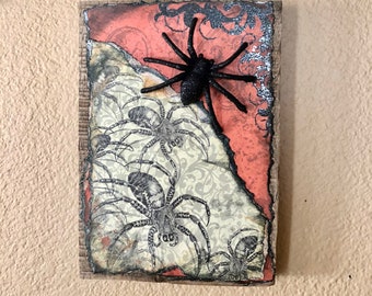 Glittery Spider Halloween Handmade Collage Wall Art, high-quality papers distressed, glued to upcycled pallet wood, easy hang, fast shipping