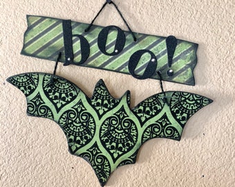 Handmade Halloween Wall Art Collage, One of a Kind bat hanging piece made with flocked velvet paper, glitter Boo letters