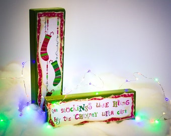 Stockings Were Hung Sign made with 2x4's, perfect for your holiday mantle, handpainted paper collage art, one of a kind