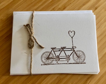 Tandem Bicycle Set of 5 Blank Cards, Folded Hand stamped, includes envelopes, ready to give for weddings, anniversaries, stocking stuffer