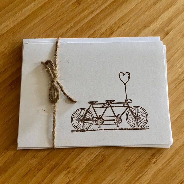 Tandem Bicycle Set of 5 Blank Cards, Folded Hand stamped, includes envelopes, ready to give for weddings, anniversaries, stocking stuffer