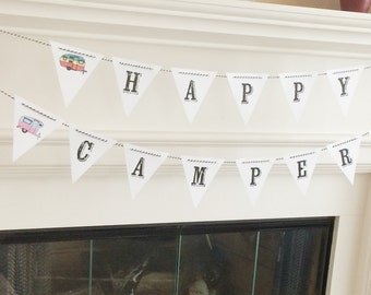 Happy Camper Banner Pennant, featuring Retro Old School Caravan Camper Trailers, strung on striped bakers twine