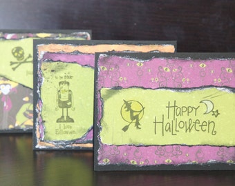 Halloween Card Set 3 Blank Handmade Witch Frankenstein Skull Bright Fun Kids Art Collage Card