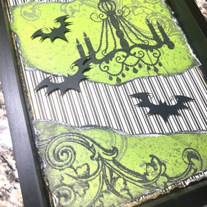 Bats with chandelier Halloween Handmade Collage Wall Art, high-quality papers distressed, glued, easy hang, fast shipping