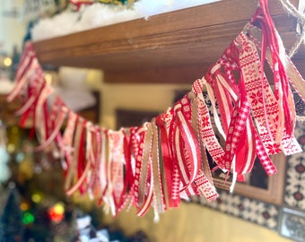 Fair Isle Christmas Ribbon Mini Garland for Holiday mantles, staircases, buffet tables or walls in reds, beiges, and creams