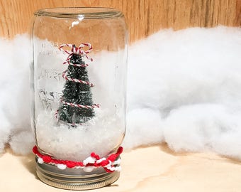 Candy Stripe Snowglobe Mason Jar Christmas Decor Pine tree snow red and white mantel decoration dry waterless