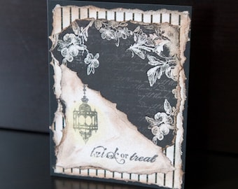 Halloween Card Blank Chandelier Collage Art Card Floral Stripes Glitter Handmade Handstamped OOAK Gothic