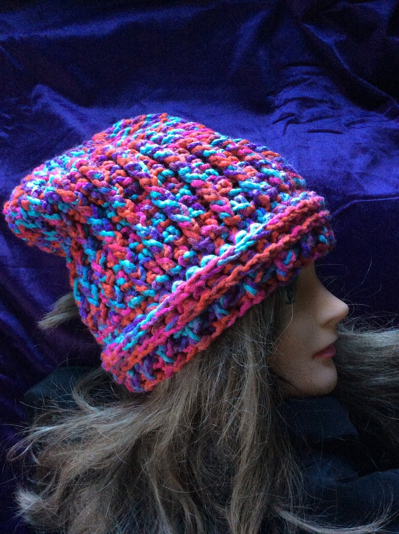 Slouchy multi colour crochet winter hat with fleece lining