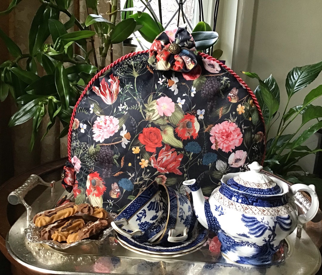 Black Velvet Tea Cozy Met Bloemen Floral Tea Cosy Etsy