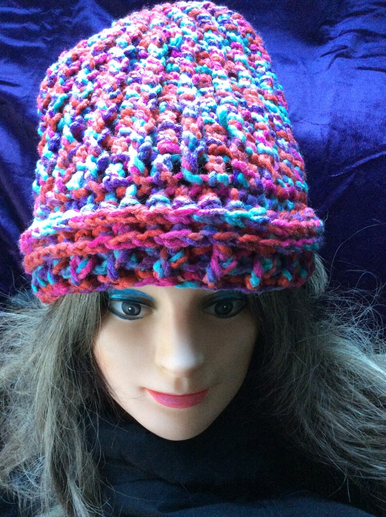 Slouchy multi colour crochet winter hat with fleece lining