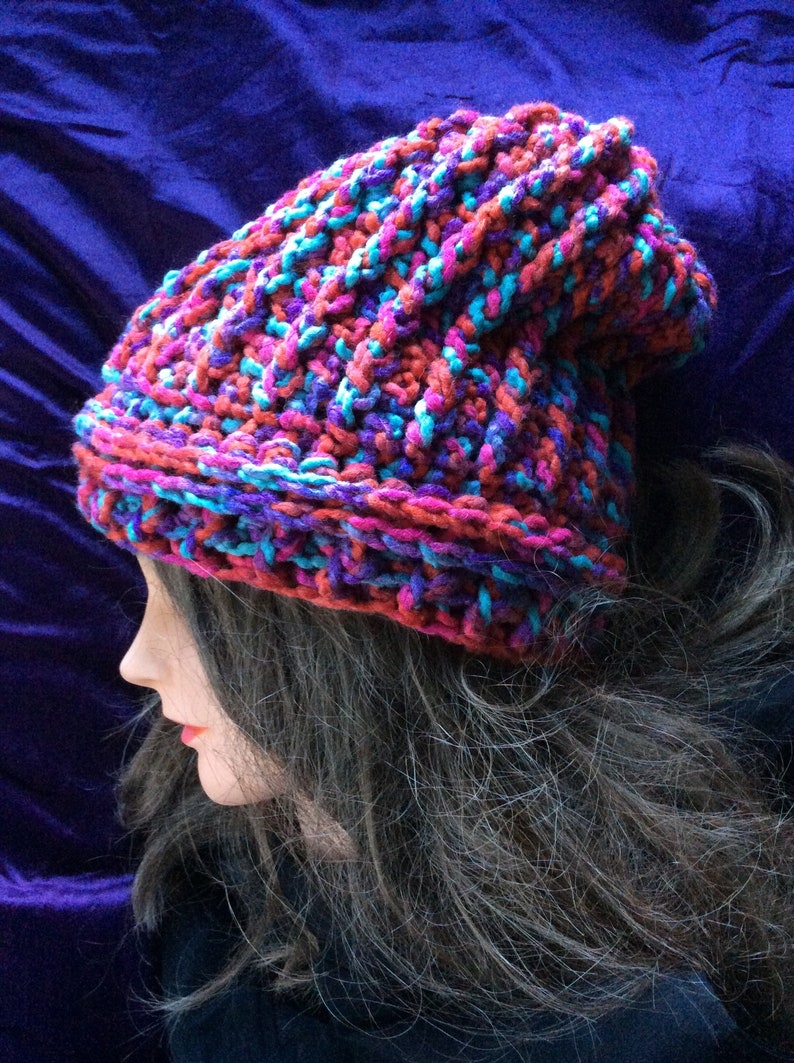 Slouchy multi colour crochet winter hat with fleece lining