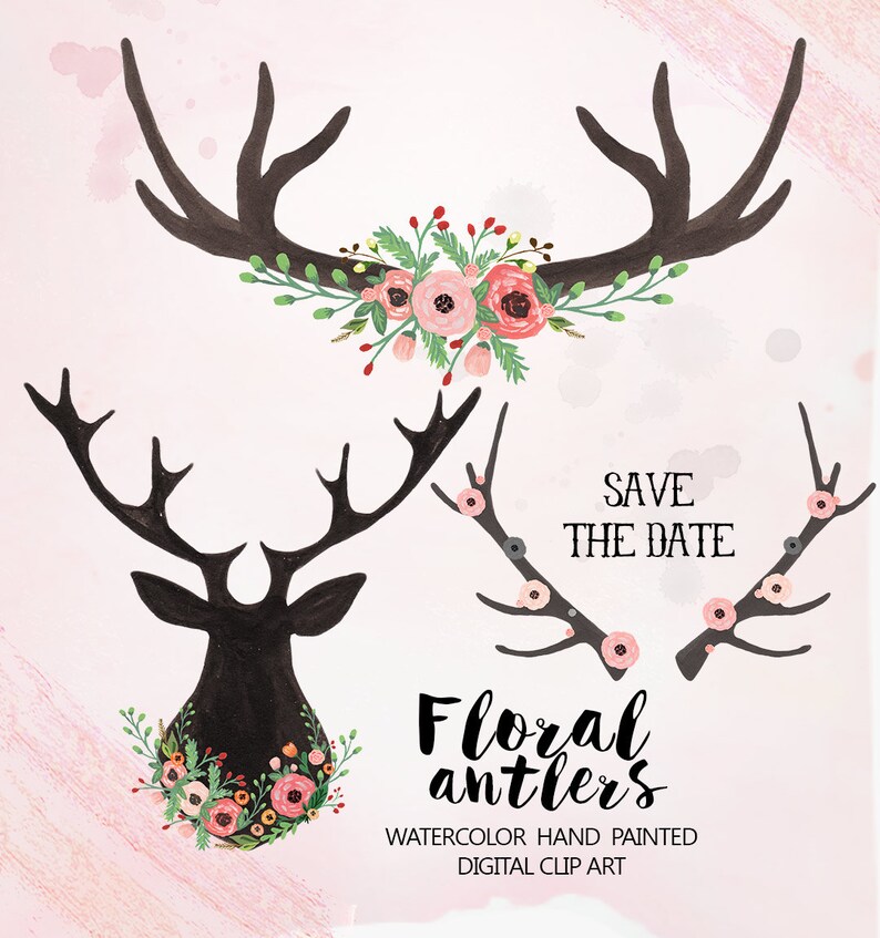 Watercolor Floral Antlers Clipart Wedding Floral Clip Art | Etsy