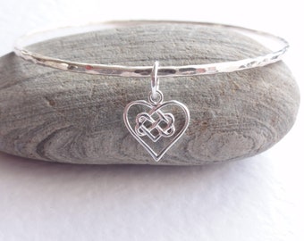 Custom Celtic Knot Heart Bangle / Eco Sterling Silver Bangle / Recycled Silver / Made in Scotland / Add Initial, Birthstone or Pearl / Stack