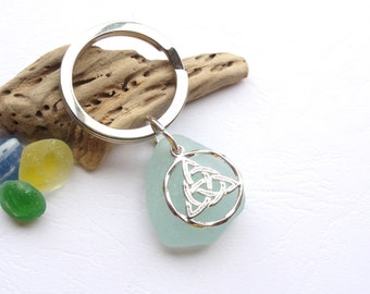 Scottish Sea Glass & Triquetra - Trinity Knot Key Chain // Bag Charm // Keyring // From Scotland // Genuine Surf Tumbled Celtic Sea Glass