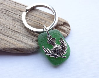 Scottish Sea Glass & Thistle Keyring // Bag Charm - Key Chain // Genuine Surf Tumbled Green Seaglass AYRSHIRE Scotland // Flower of Scotland