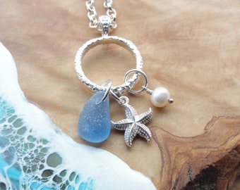 Scottish Sea Glass & Starfish Silver Cluster Necklace // Making a Difference // Genuine Sea Glass from AYRSHIRE Scotland // Starfish Story