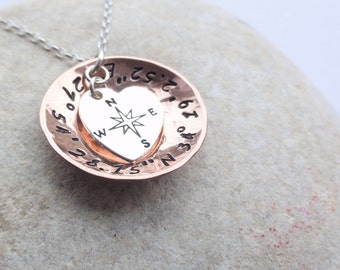 Compass and Coordinates Necklace - Sterling Silver Heart and Copper Disc Pendant *Sterling Silver Necklace* Travel - Anniversary