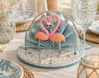 Flamingo Tropical Themed Napkin Holder, Seashell Beachy with Sand Kitchen Table Home Decor,
