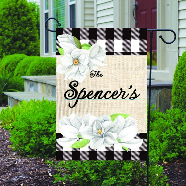Personalized Buffalo Plaid with White Magnolia Personalized Garden Flag, yard decor,Front Door Home Decor,Everyday Outside Decor