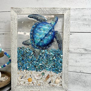 Blue Sea Turtle Coastal Wall Art Picture, Beach Home Decor, Coastal Home Decoration, Coastal Wall Art, Seashell Wall Art, Seashell Decor,