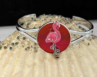 Coastal Flamingo Cuff Bracelet, Beachy Flamingo Charm Cuff Bracelet, Split Cuff Bracelet,