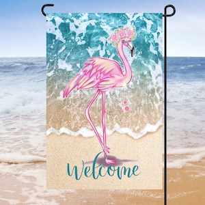 Flamingo Beach Garden Flag, yard decoration, Front Door Home Decor, Beach home decor, Cottage decoration,