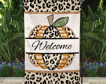 Leopard Print Welcome Fall Pumpkin Garden Flag, Double Sided or Single Sided yard decoration, Front Door Home Decor,